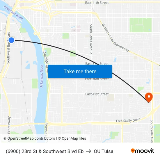 (6900) 23rd St & Southwest Blvd Eb to OU Tulsa map