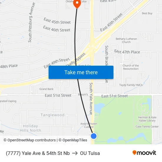 (7777) Yale Ave & 54th St Nb to OU Tulsa map