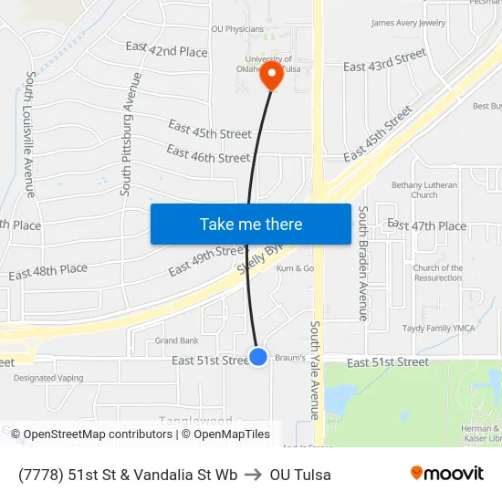 (7778) 51st St & Vandalia St Wb to OU Tulsa map