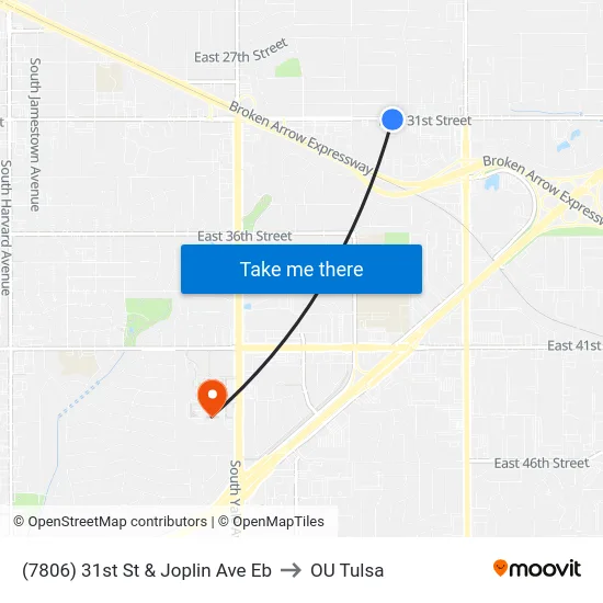 (7806) 31st St & Joplin Ave Eb to OU Tulsa map