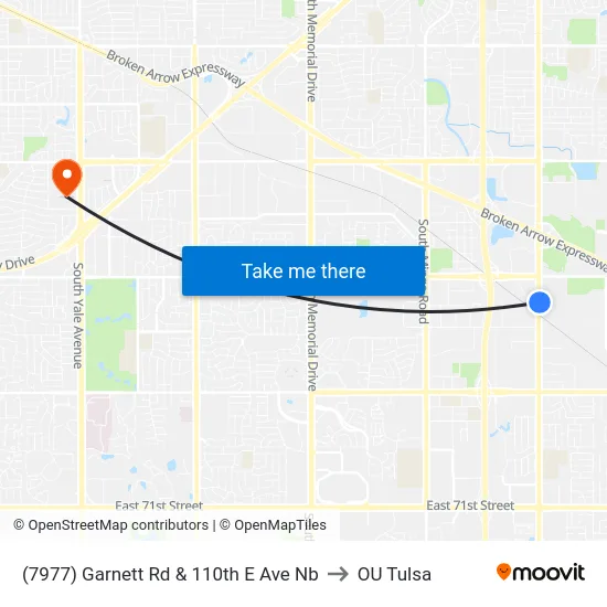 (7977) Garnett Rd & 110th E Ave Nb to OU Tulsa map