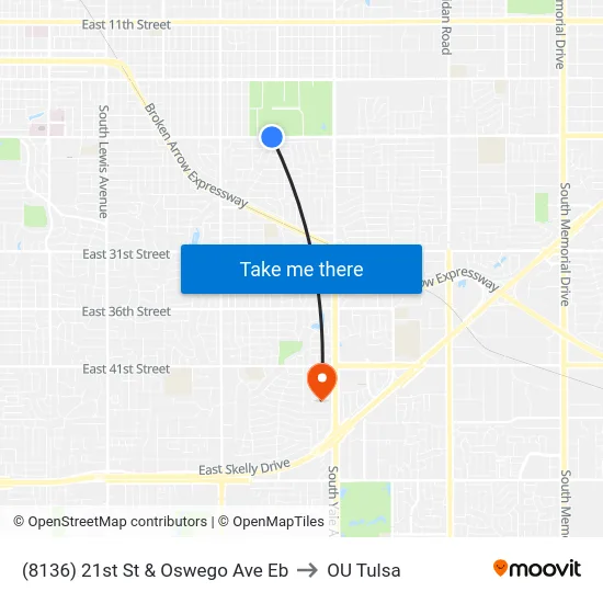 (8136) 21st St & Oswego Ave Eb to OU Tulsa map