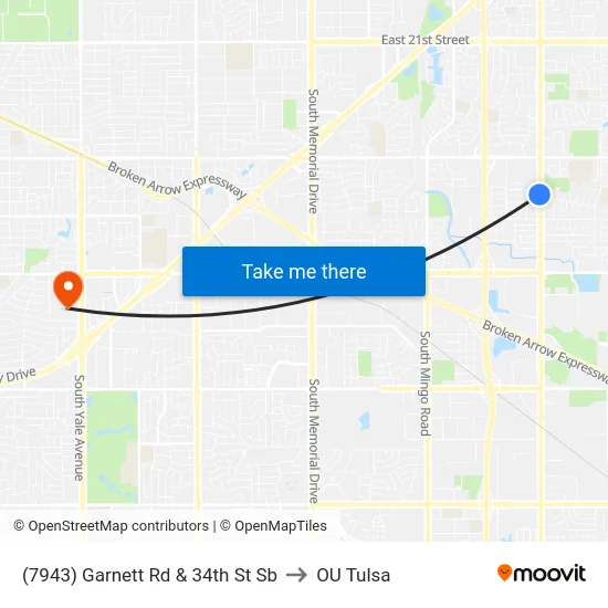(7943) Garnett Rd & 34th St Sb to OU Tulsa map
