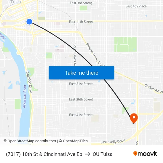 (7017) 10th St & Cincinnati Ave Eb to OU Tulsa map