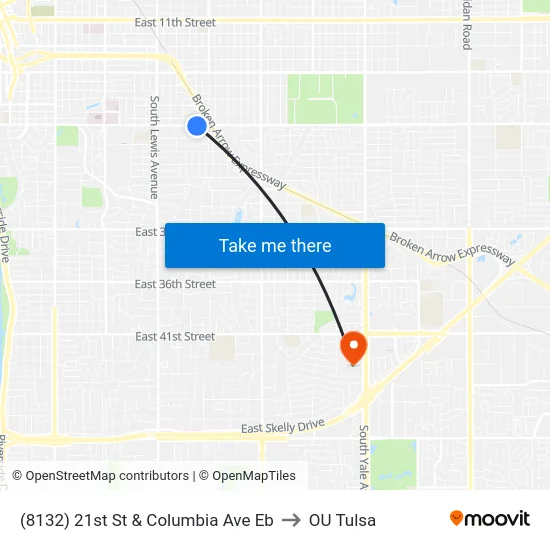 (8132) 21st St & Columbia Ave Eb to OU Tulsa map