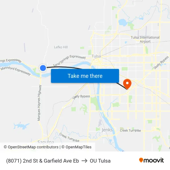 (8071) 2nd St & Garfield Ave Eb to OU Tulsa map