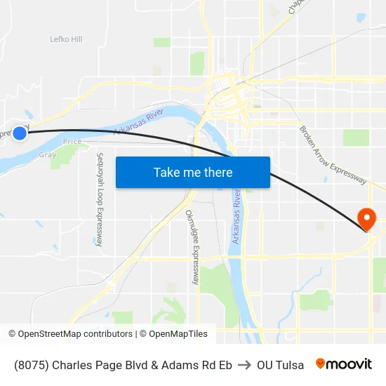 (8075) Charles Page Blvd & Adams Rd Eb to OU Tulsa map