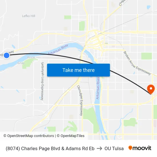 (8074) Charles Page Blvd & Adams Rd Eb to OU Tulsa map