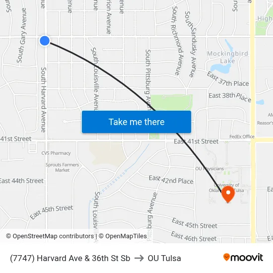 (7747) Harvard Ave & 36th St Sb to OU Tulsa map