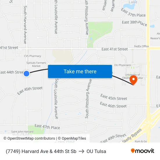 (7749) Harvard Ave & 44th St Sb to OU Tulsa map