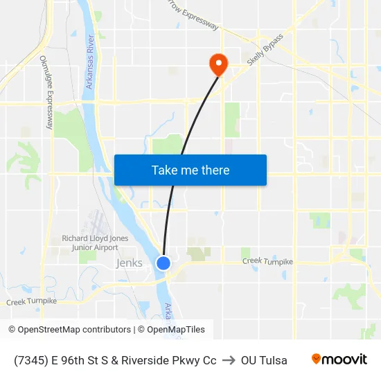 (7345) E 96th St S & Riverside Pkwy Cc to OU Tulsa map
