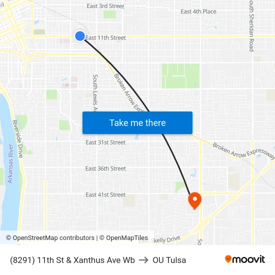 (8291) 11th St & Xanthus Ave Wb to OU Tulsa map
