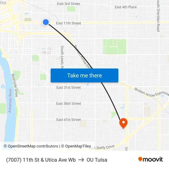 (7007) 11th St & Utica Ave Wb to OU Tulsa map