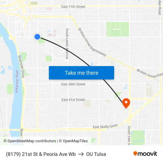 (8179) 21st St & Peoria Ave Wb to OU Tulsa map