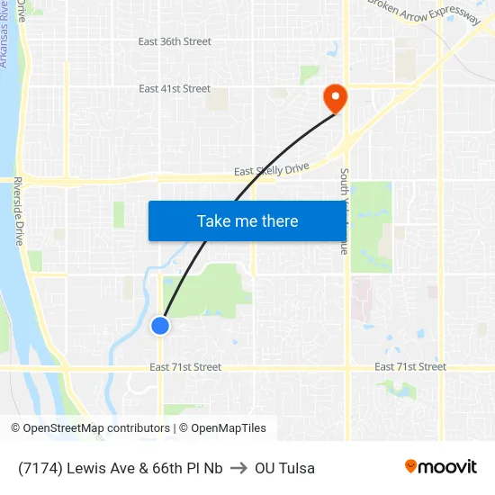 (7174) Lewis Ave & 66th Pl Nb to OU Tulsa map