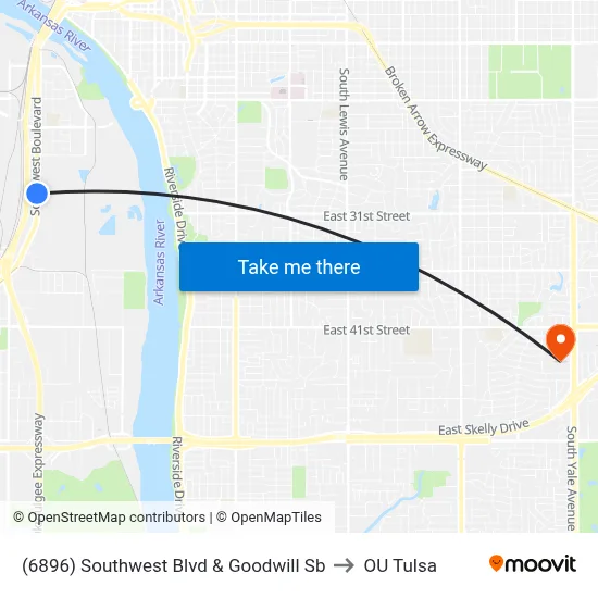 (6896) Southwest Blvd & Goodwill Sb to OU Tulsa map