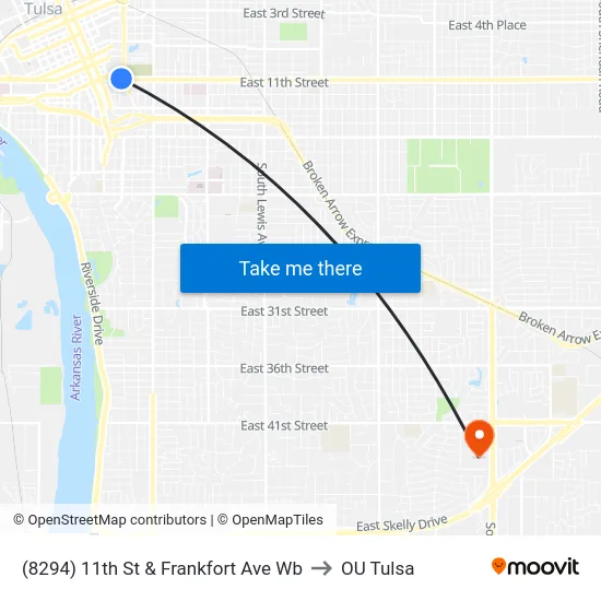 (8294) 11th St & Frankfort Ave Wb to OU Tulsa map