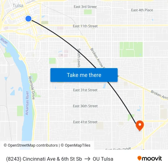 (8243) Cincinnati Ave & 6th St Sb to OU Tulsa map
