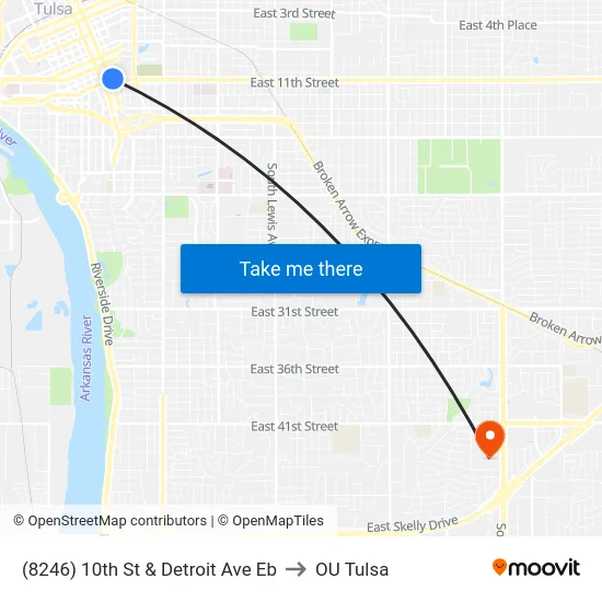 (8246) 10th St & Detroit Ave Eb to OU Tulsa map