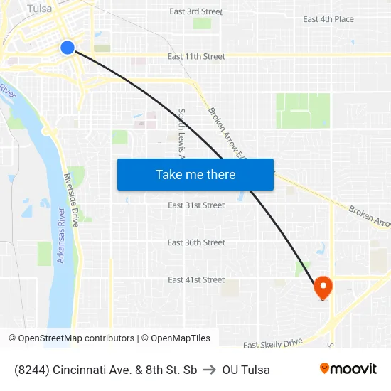 (8244) Cincinnati Ave. & 8th St. Sb to OU Tulsa map