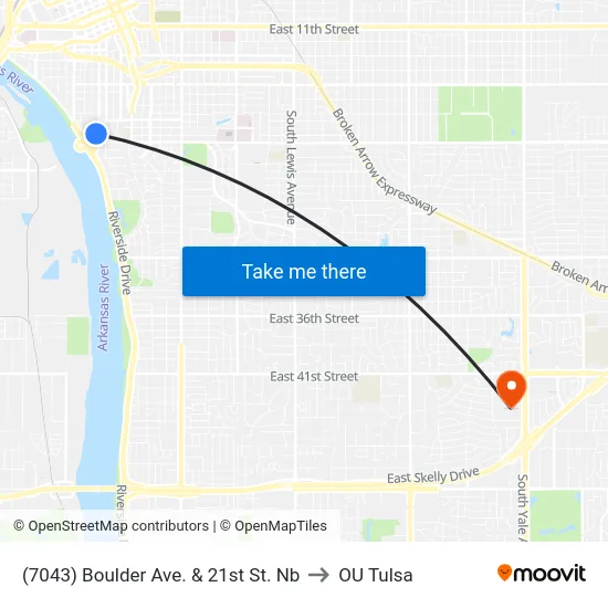 (7043) Boulder Ave. & 21st St. Nb to OU Tulsa map