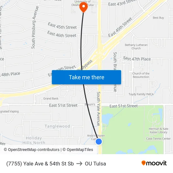 (7755) Yale Ave & 54th St Sb to OU Tulsa map