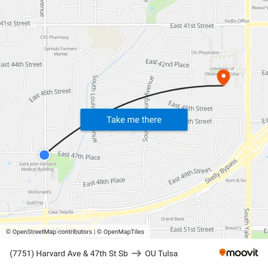 (7751) Harvard Ave & 47th St Sb to OU Tulsa map