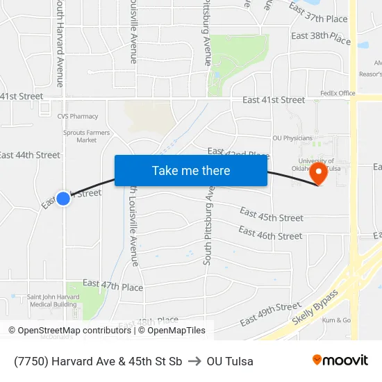 (7750) Harvard Ave & 45th St Sb to OU Tulsa map