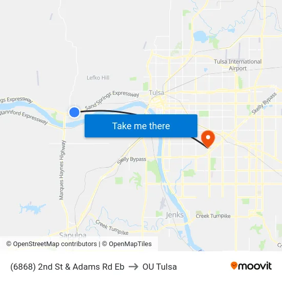 (6868) 2nd St & Adams Rd Eb to OU Tulsa map