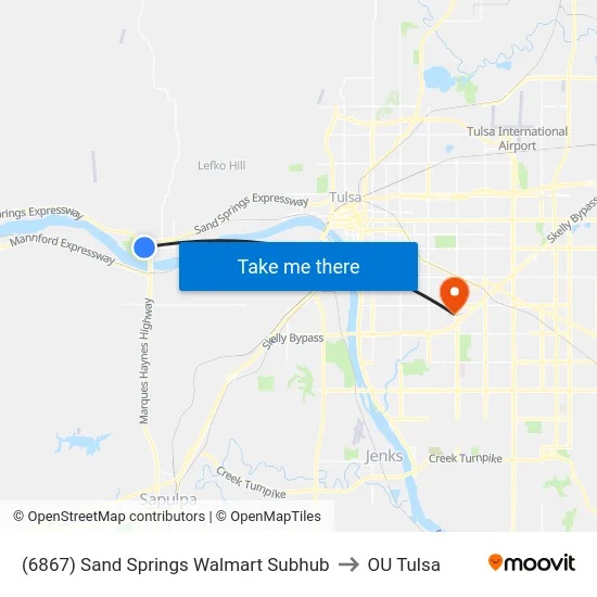 (6867) Sand Springs Walmart Subhub to OU Tulsa map