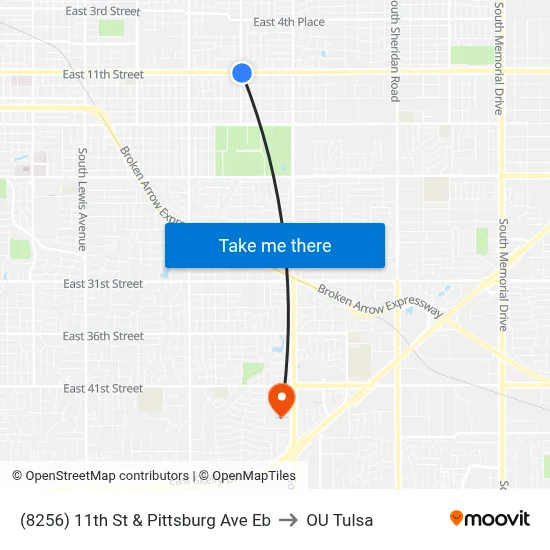 (8256) 11th St & Pittsburg Ave Eb to OU Tulsa map