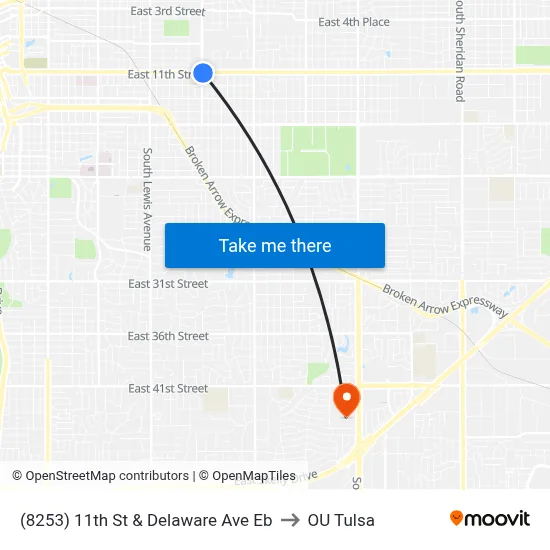 (8253) 11th St & Delaware Ave Eb to OU Tulsa map