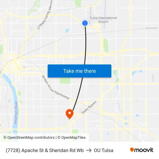 (7728) Apache St & Sheridan Rd Wb to OU Tulsa map