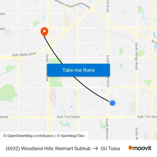 (6932) Woodland Hills Walmart Subhub to OU Tulsa map