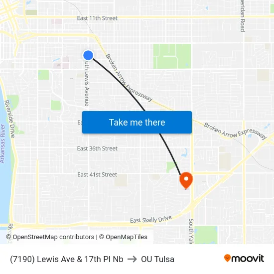 (7190) Lewis Ave & 17th Pl Nb to OU Tulsa map
