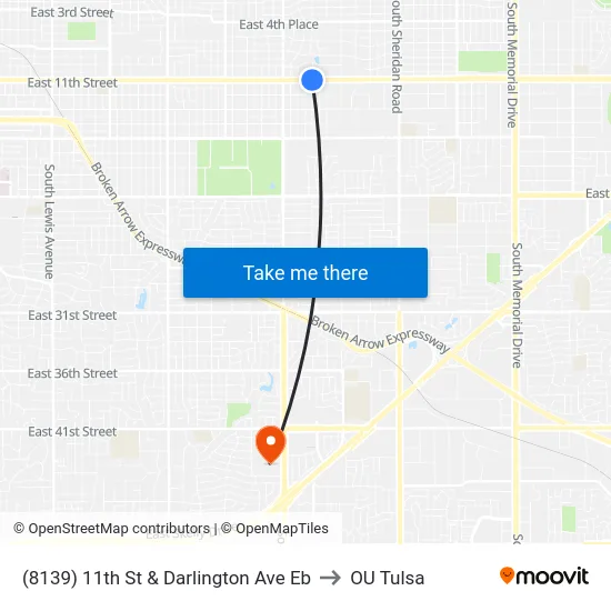(8139) 11th St & Darlington Ave Eb to OU Tulsa map