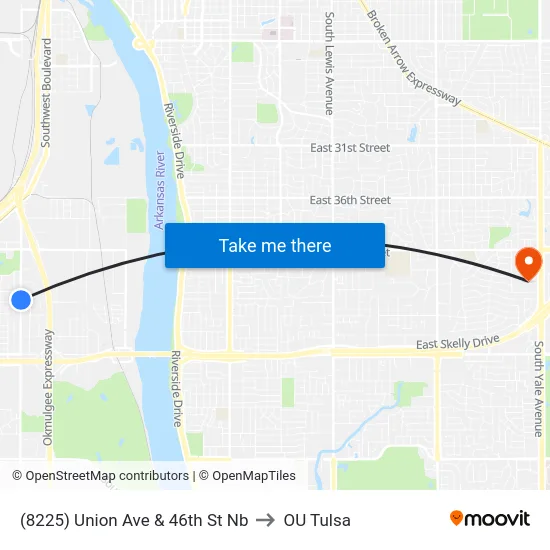 (8225) Union Ave & 46th St Nb to OU Tulsa map