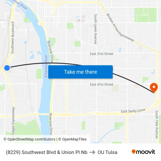 (8229) Southwest Blvd & Union Pl Nb to OU Tulsa map