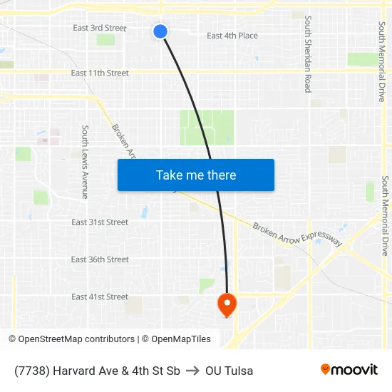 (7738) Harvard Ave & 4th St Sb to OU Tulsa map