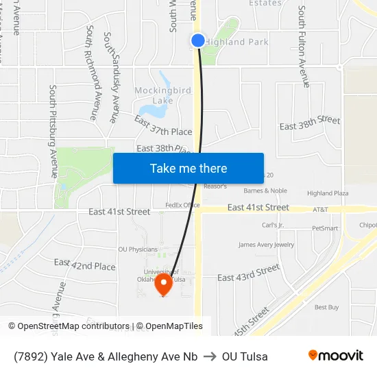 (7892) Yale Ave & Allegheny Ave Nb to OU Tulsa map