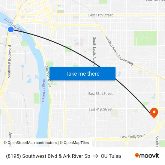 (8195) Southwest Blvd & Ark River Sb to OU Tulsa map