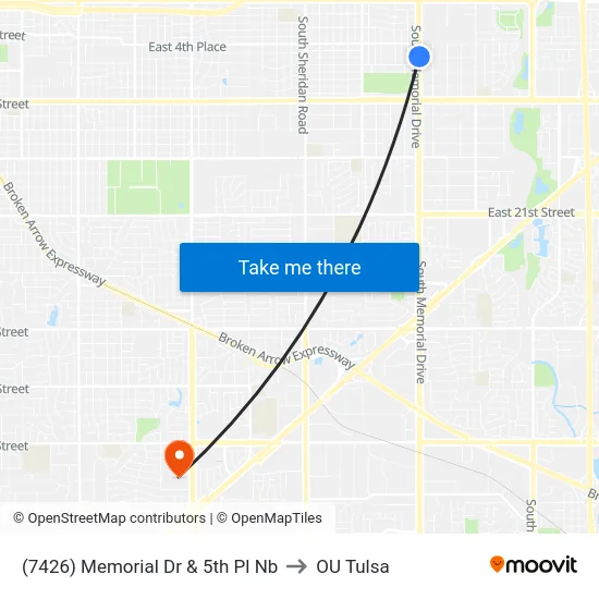 (7426) Memorial Dr & 5th Pl Nb to OU Tulsa map