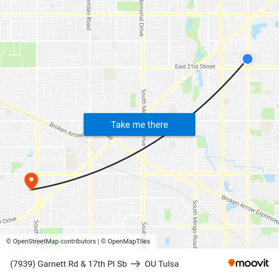 (7939) Garnett Rd & 17th Pl Sb to OU Tulsa map