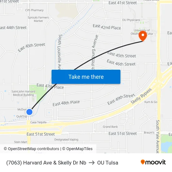 (7063) Harvard Ave & Skelly Dr Nb to OU Tulsa map