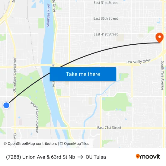(7288) Union Ave & 63rd St Nb to OU Tulsa map