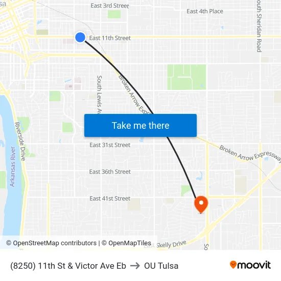 (8250) 11th St & Victor Ave Eb to OU Tulsa map