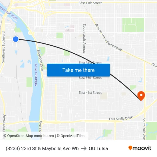 (8233) 23rd St & Maybelle Ave Wb to OU Tulsa map