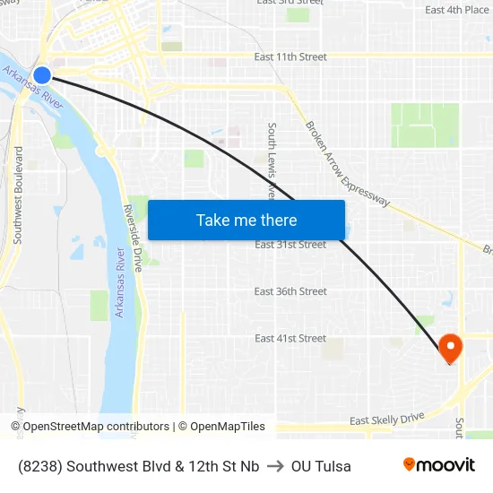 (8238) Southwest Blvd & 12th St Nb to OU Tulsa map