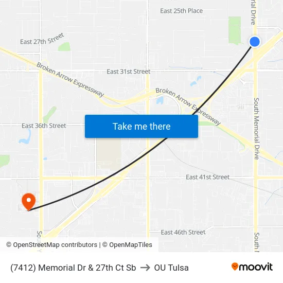 (7412) Memorial Dr & 27th Ct Sb to OU Tulsa map