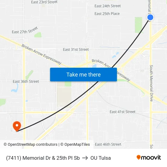(7411) Memorial Dr & 25th Pl Sb to OU Tulsa map